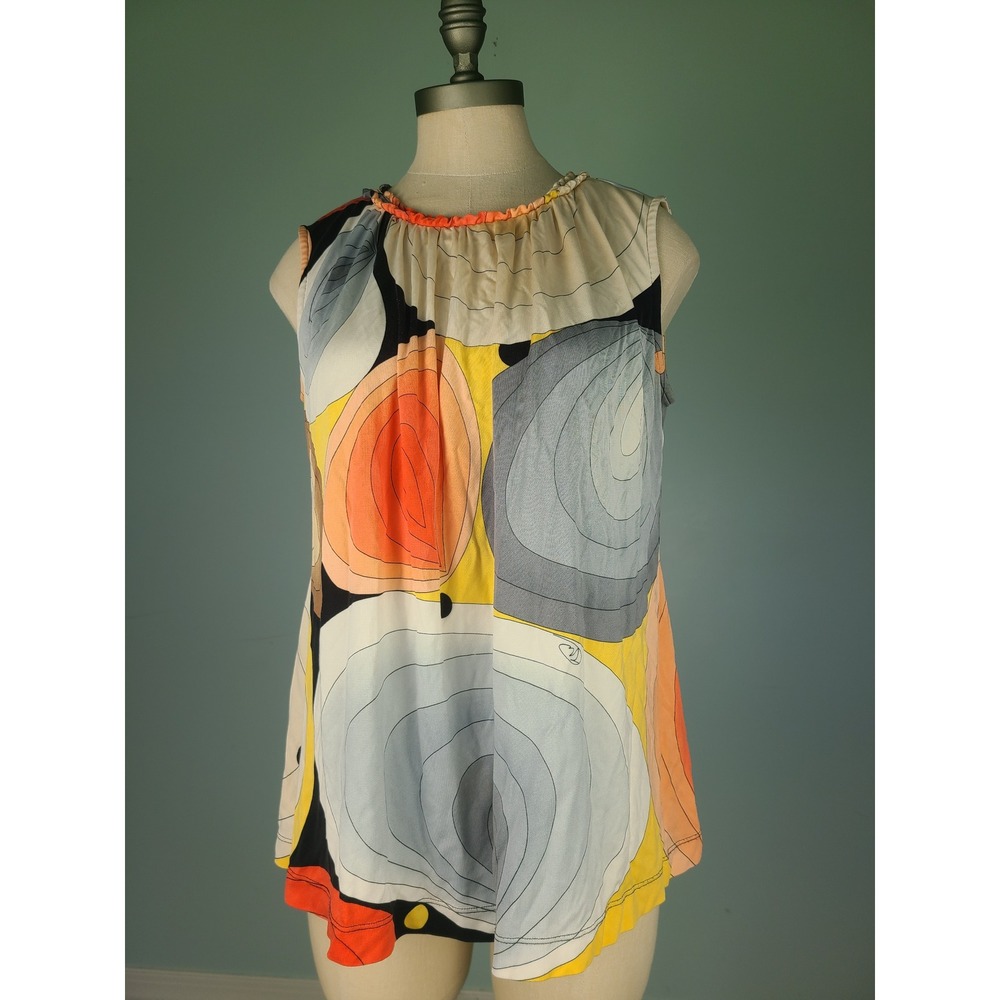 Flora Kung Sz 12 100% Silk Tunic‎ Top 70s Psychedelic Retro Geometric Dopamine